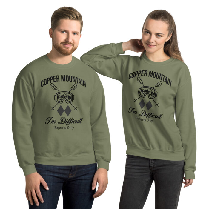 Copper Mountain Colorado Skiing Unisex Sweatshirt With Ski Mask, Ski Poles and Double Black Diamond – I’m Difficult Print Design. - Image 5