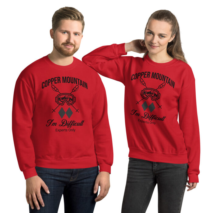 Copper Mountain Colorado Skiing Unisex Sweatshirt With Ski Mask, Ski Poles and Double Black Diamond – I’m Difficult Print Design. - Image 2