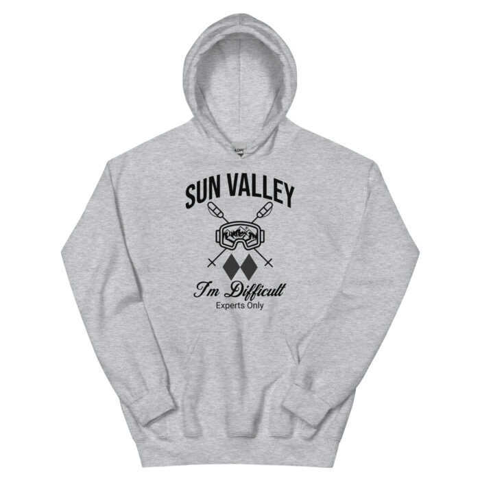 Sun Valley Skiing Unisex Hoodie Style Sweatshirt With Ski Mask, Ski Poles and Double Black Diamond - I'm Difficult Print Design.