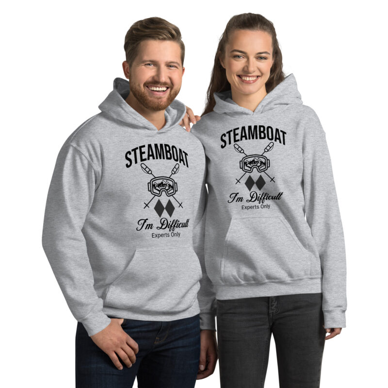 Steamboat Colorado Skiing Unisex Hoodie Style Sweatshirt With Ski Mask, Ski Poles and Double Black Diamond - I'm Difficult Print Design.