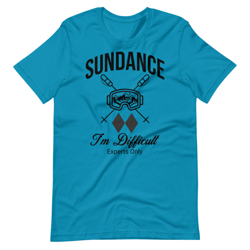 Sundance Utah Skiing Unisex tshirt With Ski Mask, Ski Poles and Double Black Diamond - I'm Difficult Print Design