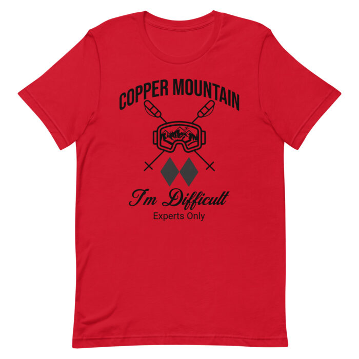 Copper Mountain Colorado Skiing Unisex tshirt With Ski Mask, Ski Poles and Double Black Diamond – I’m Difficult Print Design. - Image 2